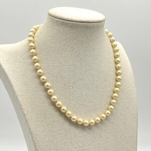 Vintage Cream Faux Pearl Knotted Strand Necklace Gold Tone Barrel Clasp 18 Inch